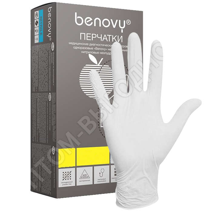 Перчатки одноразовые нитриловые BENOVY, L, белые, 100штук/50пар